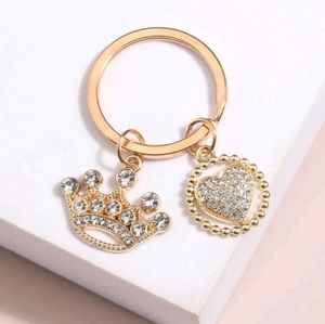Rhinestone Crown and Heart Charm Gold Tone Keychain